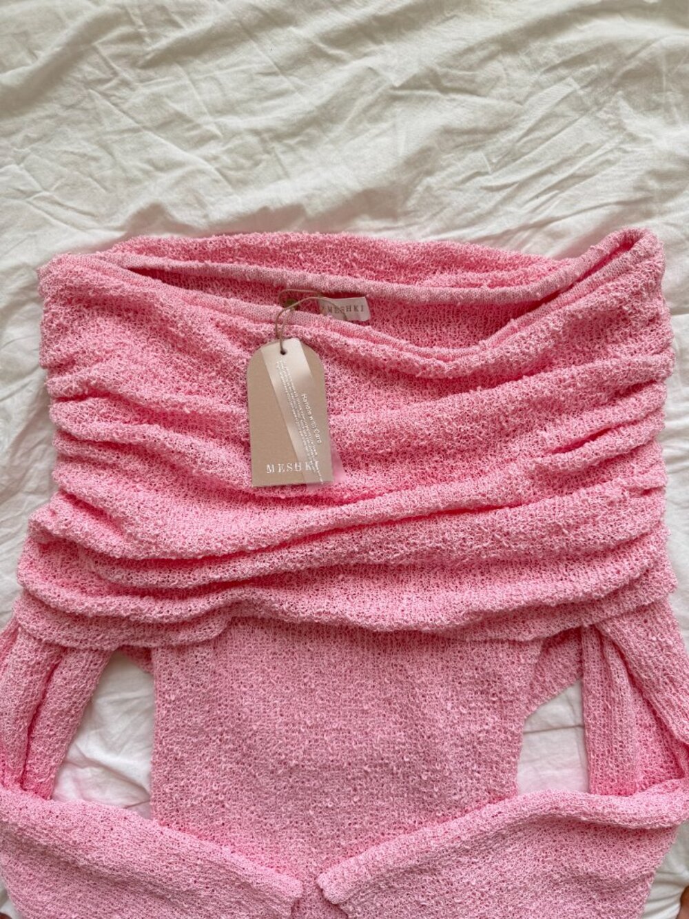 MESHKI Marisol Baby Pink Off Shoulder Boucle Mini Dress XL NWT - Picture 6 of 7